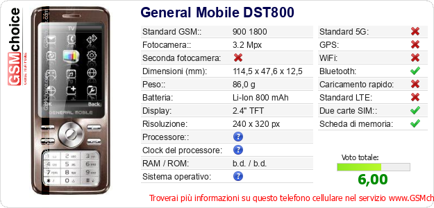 General Mobile DST800 Dati tecnici di telefono cellulare 