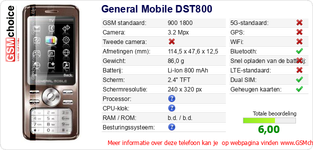 General Mobile DST800 Technische gegevens 