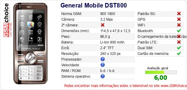 General Mobile DST800 Especificações técnicas do telemóvel General Mobile DST800 Especificações técnicas do telemóvel