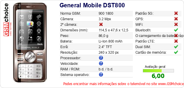 General Mobile DST800 Especificações técnicas do telemóvel General Mobile DST800 Especificações técnicas do telemóvel