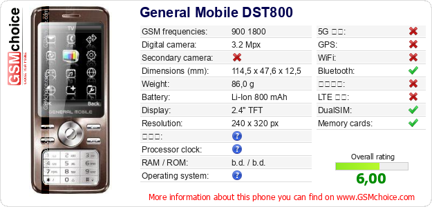 General Mobile DST800 手機技術數據