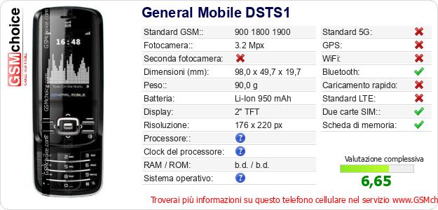 General Mobile DSTS1 Dati tecnici di telefono cellulare 