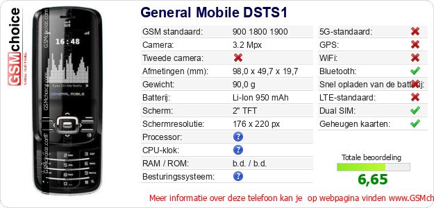 General Mobile DSTS1 Technische gegevens 