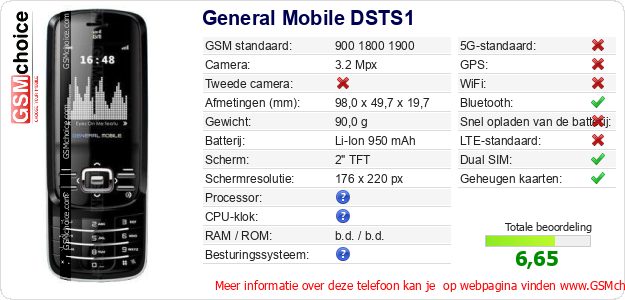 General Mobile DSTS1 Technische gegevens General Mobile DSTS1 Technische gegevens