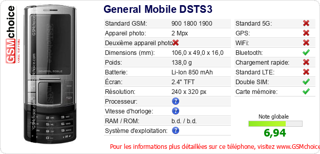 General Mobile DSTS3 Fiche technique