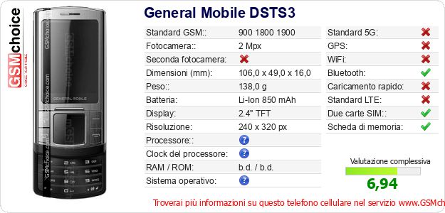General Mobile DSTS3 Dati tecnici di telefono cellulare 