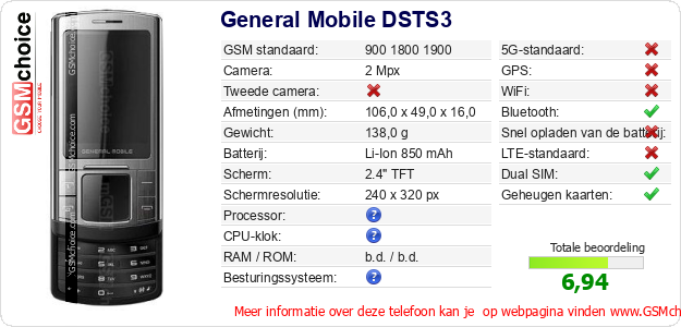 General Mobile DSTS3 Technische gegevens General Mobile DSTS3 Technische gegevens