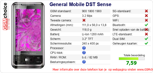 General Mobile DST Sense Technische gegevens 