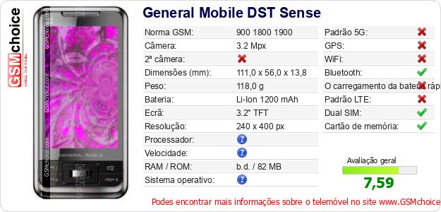 General Mobile DST Sense Especificações técnicas do telemóvel General Mobile DST Sense Especificações técnicas do telemóvel