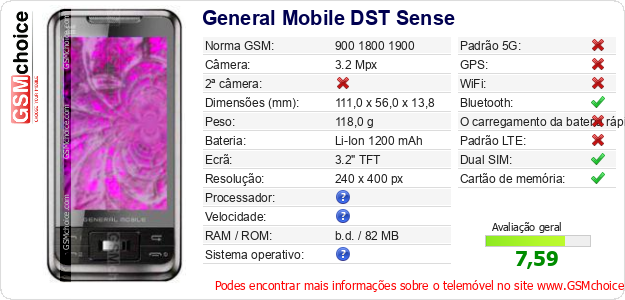 General Mobile DST Sense Especificações técnicas do telemóvel 