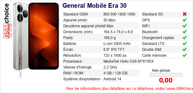 General Mobile Era 30 Fiche technique