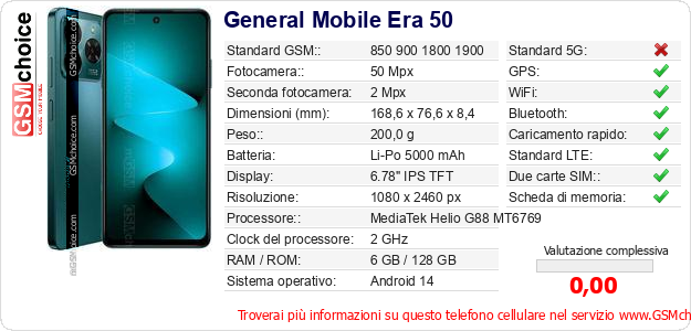 General Mobile Era 50 Dati tecnici di telefono cellulare 