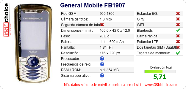 General Mobile FB1907 Datos técnicos del móvil 
