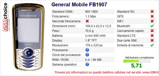 General Mobile FB1907 Dati tecnici di telefono cellulare 