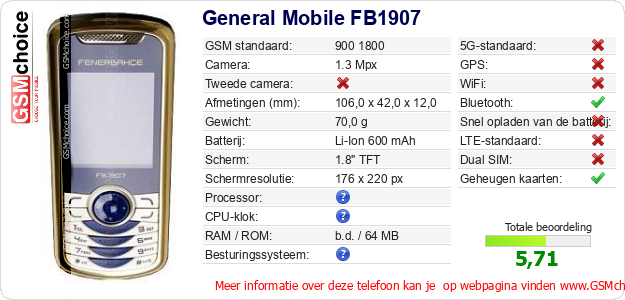 General Mobile FB1907 Technische gegevens General Mobile FB1907 Technische gegevens