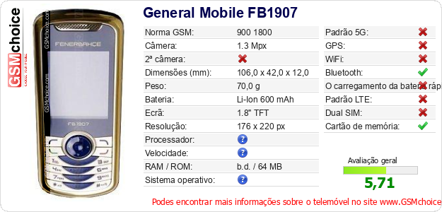 General Mobile FB1907 Especificações técnicas do telemóvel General Mobile FB1907 Especificações técnicas do telemóvel