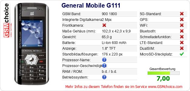 General Mobile G111 technische Daten General Mobile G111 technische Daten