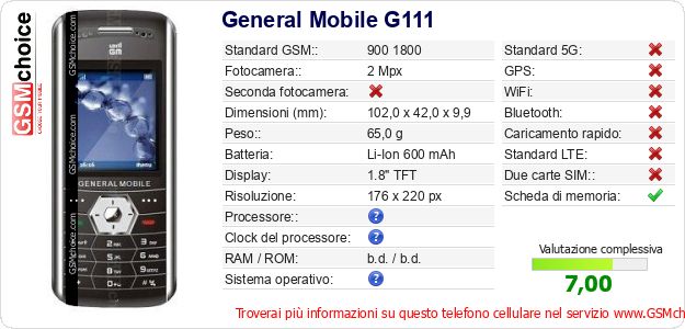 General Mobile G111 Dati tecnici di telefono cellulare 