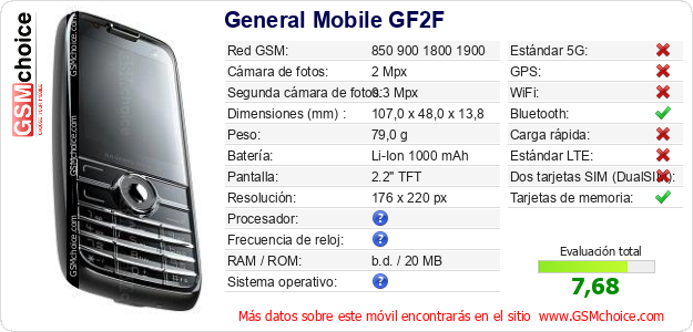 General Mobile GF2F Datos técnicos del móvil General Mobile GF2F Datos técnicos del móvil