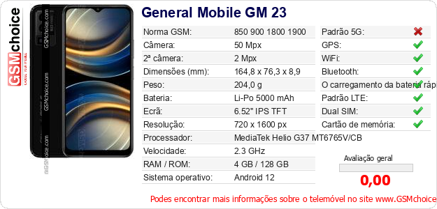 General Mobile GM 23 Especificações técnicas do telemóvel 