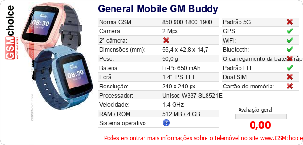 General Mobile GM Buddy Especificações técnicas do telemóvel 
