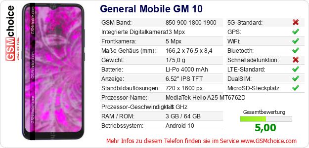 General Mobile GM 10 technische Daten General Mobile GM 10 technische Daten