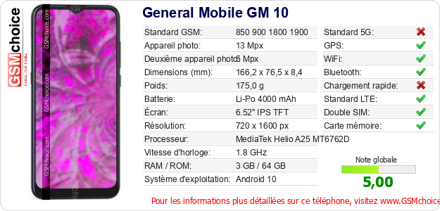 General Mobile GM 10 Fiche technique General Mobile GM 10 Fiche technique