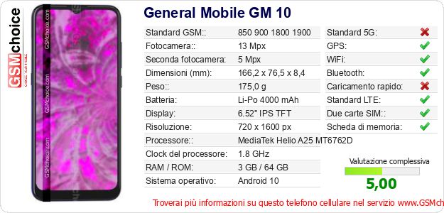 General Mobile GM 10 Dati tecnici di telefono cellulare 