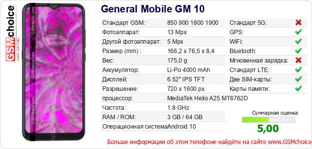 General Mobile GM 10 Технические данные телефона General Mobile GM 10 Технические данные телефона
