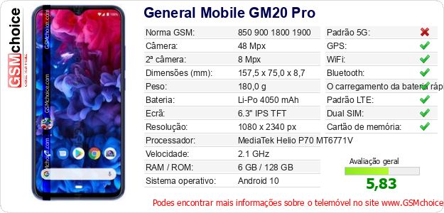 General Mobile GM20 Pro Especificações técnicas do telemóvel General Mobile GM20 Pro Especificações técnicas do telemóvel