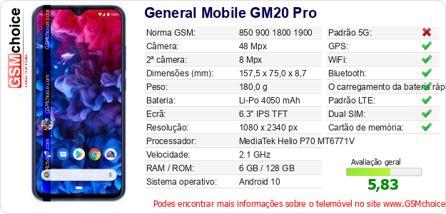 General Mobile GM20 Pro Especificações técnicas do telemóvel 