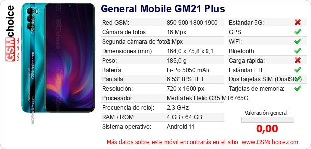 General Mobile GM21 Plus Datos técnicos del móvil General Mobile GM21 Plus Datos técnicos del móvil