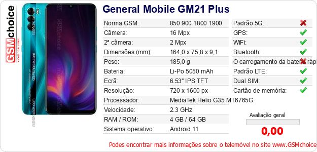 General Mobile GM21 Plus Especificações técnicas do telemóvel General Mobile GM21 Plus Especificações técnicas do telemóvel