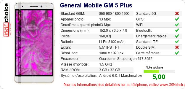 General Mobile GM 5 Plus Fiche technique General Mobile GM 5 Plus Fiche technique