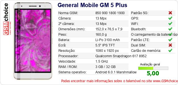 General Mobile GM 5 Plus Especificações técnicas do telemóvel 