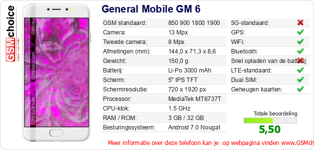 General Mobile GM 6 Technische gegevens 