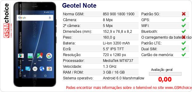 Geotel Note Especificações técnicas do telemóvel 