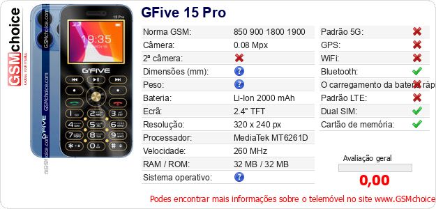 GFive 15 Pro Especificações técnicas do telemóvel 