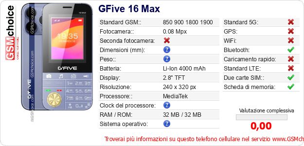GFive 16 Max Dati tecnici di telefono cellulare 