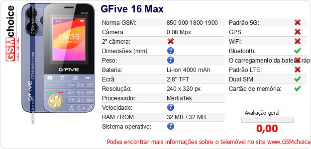 GFive 16 Max Especificações técnicas do telemóvel GFive 16 Max Especificações técnicas do telemóvel