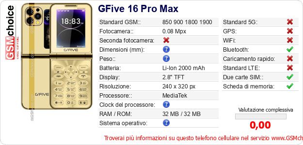 GFive 16 Pro Max Dati tecnici di telefono cellulare GFive 16 Pro Max Dati tecnici di telefono cellulare