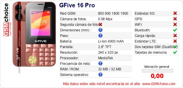 GFive 16 Pro Datos técnicos del móvil GFive 16 Pro Datos técnicos del móvil