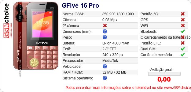 GFive 16 Pro Especificações técnicas do telemóvel GFive 16 Pro Especificações técnicas do telemóvel