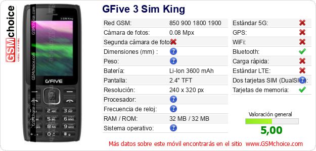 GFive 3 Sim King Datos técnicos del móvil 