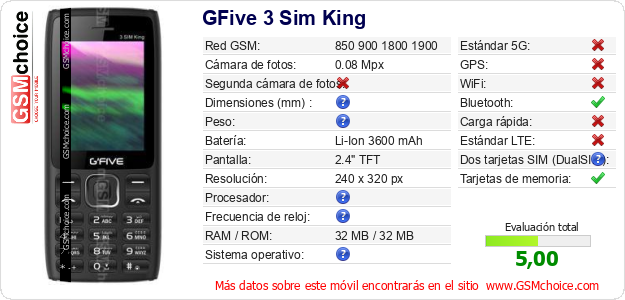 GFive 3 Sim King Datos técnicos del móvil 