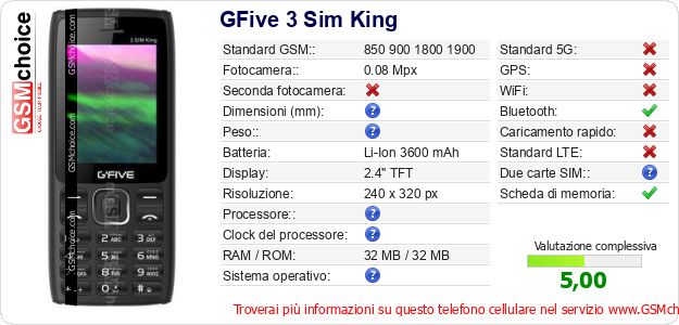 GFive 3 Sim King Dati tecnici di telefono cellulare 