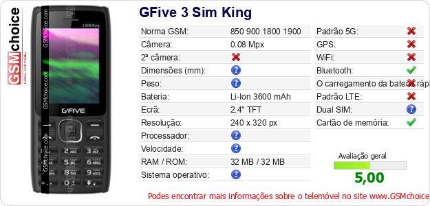 GFive 3 Sim King Especificações técnicas do telemóvel 
