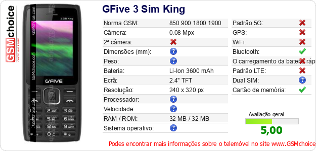 GFive 3 Sim King Especificações técnicas do telemóvel GFive 3 Sim King Especificações técnicas do telemóvel