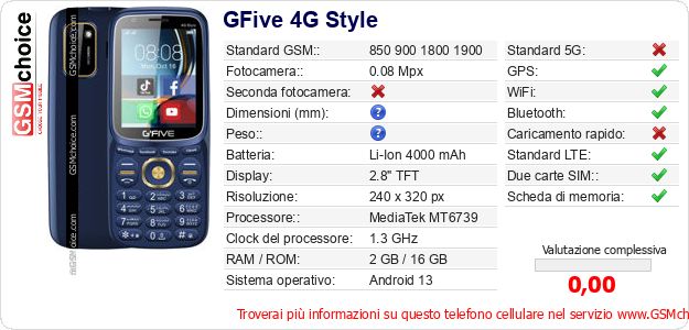 GFive 4G Style Dati tecnici di telefono cellulare GFive 4G Style Dati tecnici di telefono cellulare