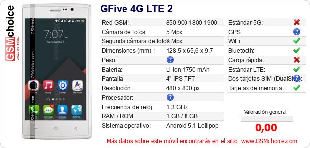 GFive 4G LTE 2 Datos técnicos del móvil 